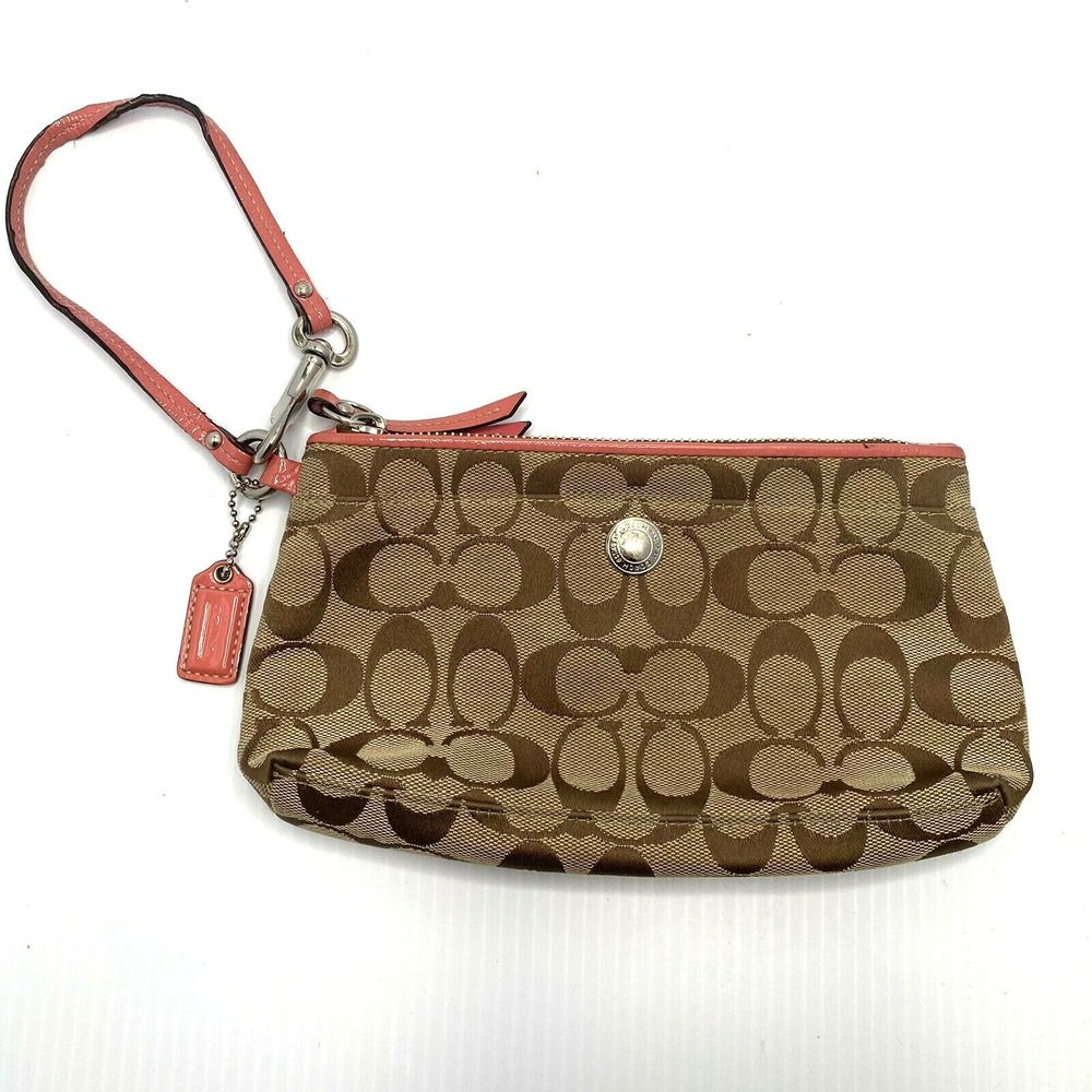 Coach Brown Signature Canvas Wristlet with Coral Trim